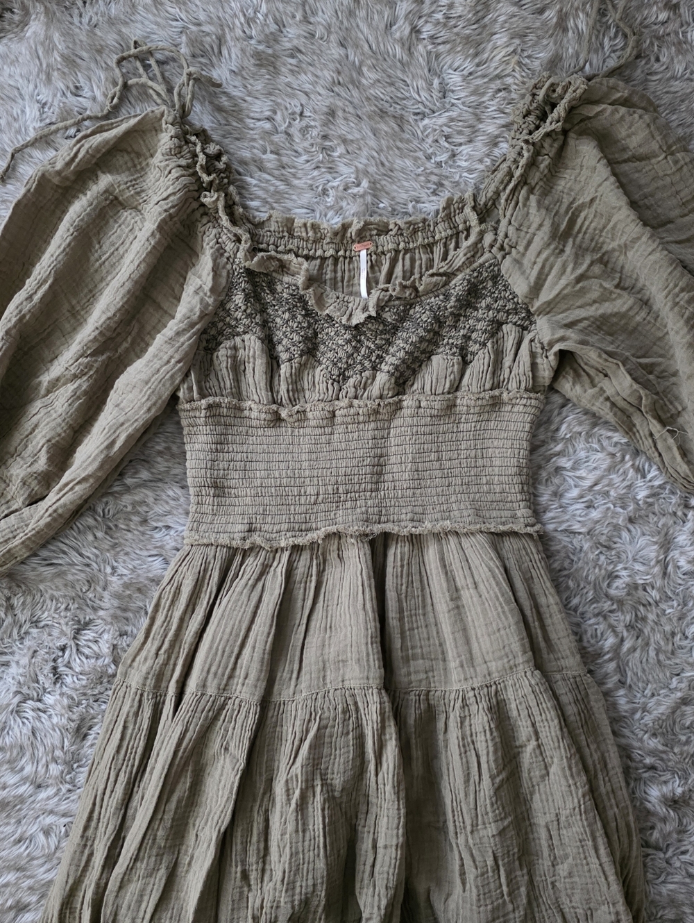 Free People Toledo Embroidered Midi Dress Greyed Olive Green Lantern Sleeve - Picture 6 of 15